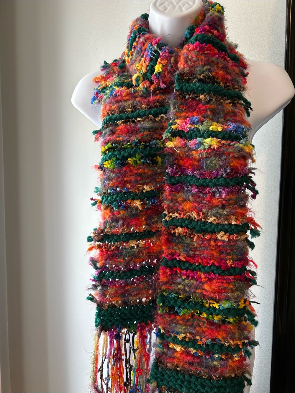 Handmade Multicolor Fuzzy Knit Scarf - Vibrant Rainbow Accent